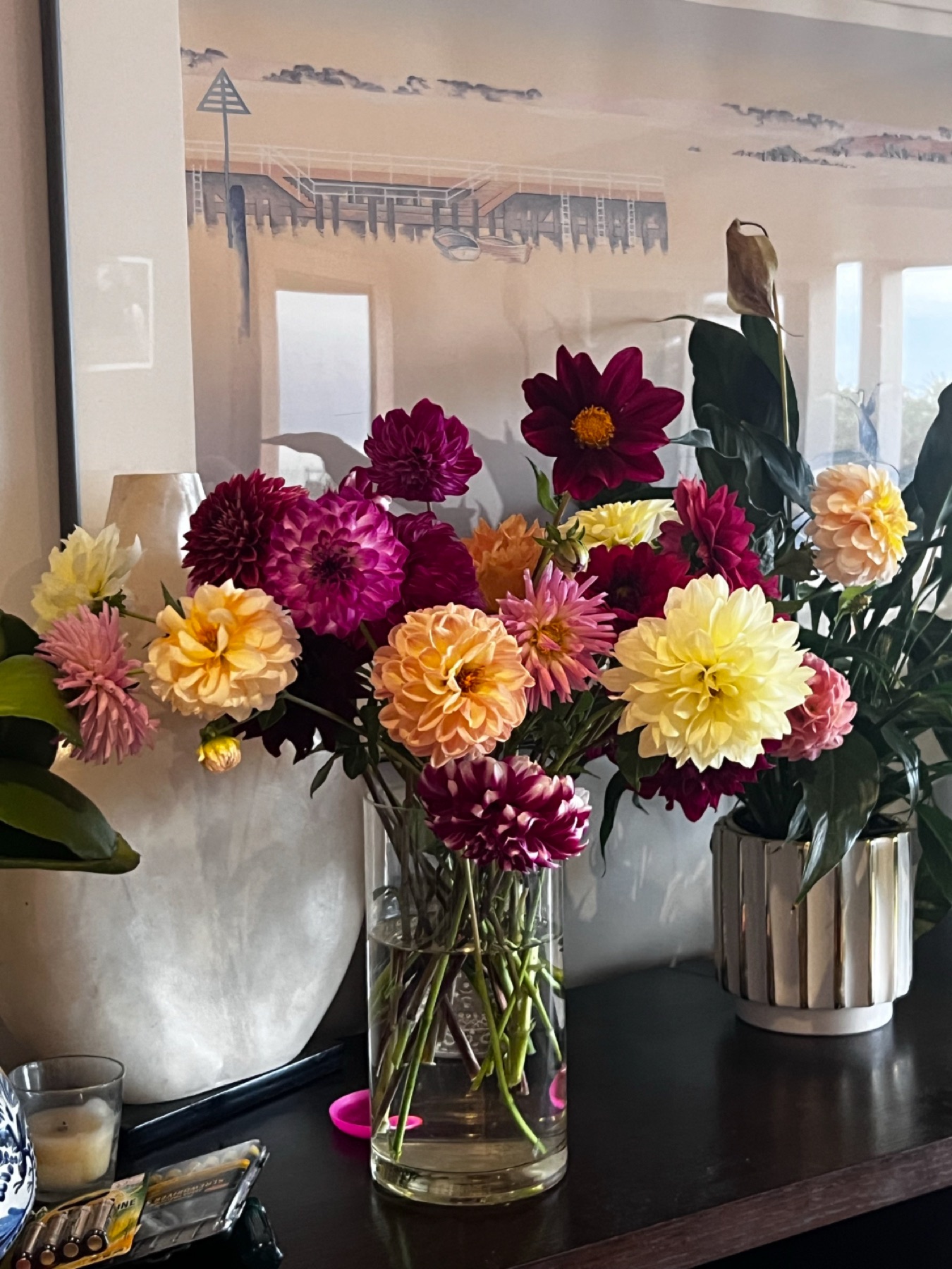 Dahlias in a vase on a hall table